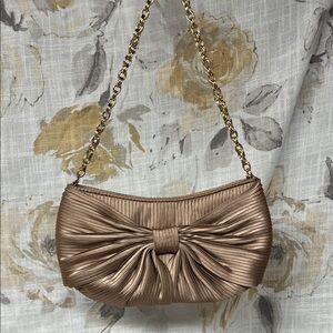 Elegant Dusky Pink Bow Clutch with Gold Chain